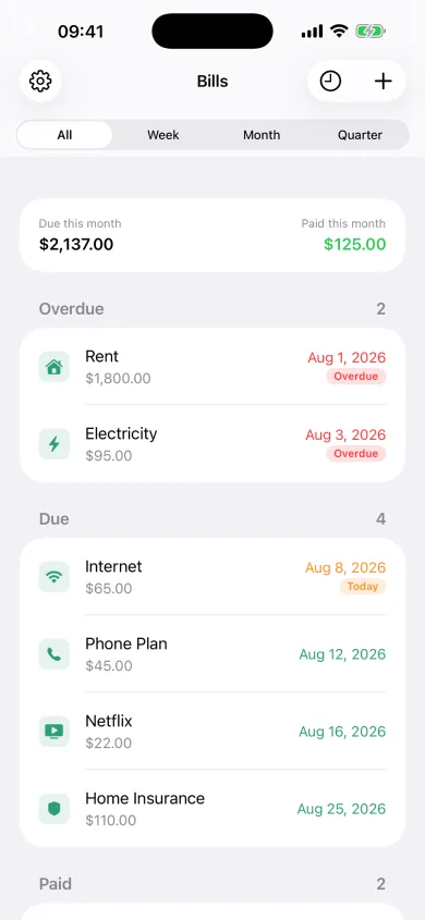 Bill Reminder list: overdue, due and paid bills