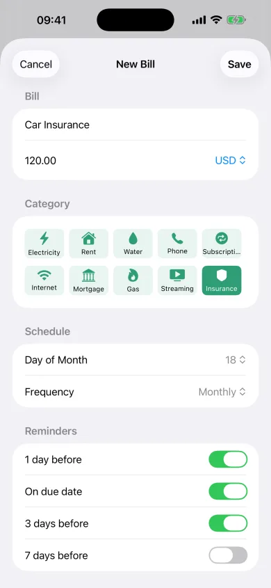 Bill Reminder new bill: category, day of the month and reminders