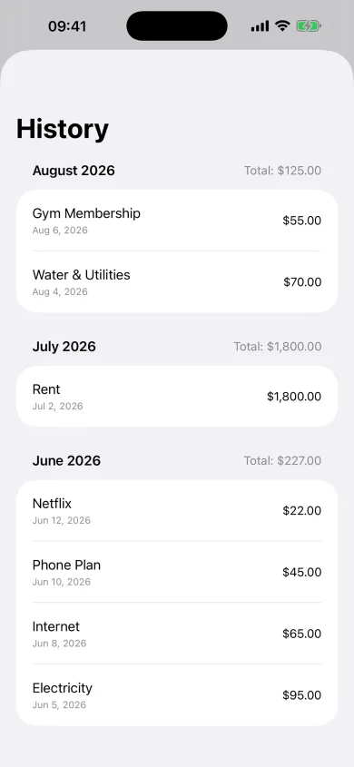 Bill Reminder history grouped by month with totals