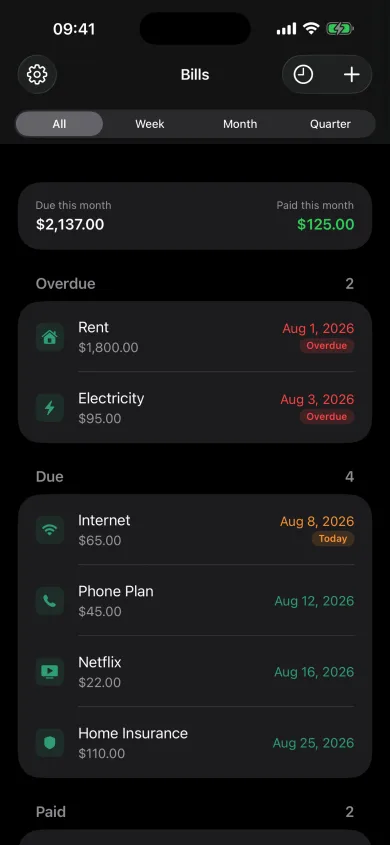 Bill Reminder bill list in dark mode