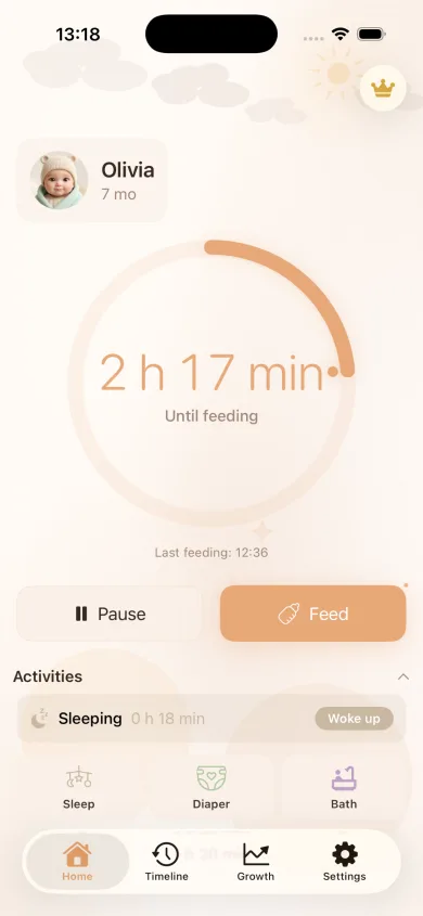 MyBaby home screen: 2 h 17 min until the next feeding