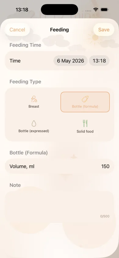 MyBaby feeding entry: breast, formula, expressed milk or solid food