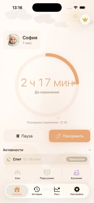 Главный экран MyBaby: до следующего кормления 2 ч 17 мин